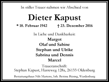 Traueranzeige von Dieter Kapust von Nordwest-Zeitung