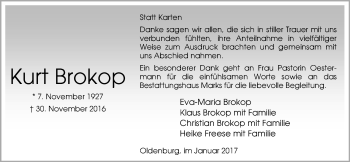 Traueranzeige von Kurt Brokop von Nordwest-Zeitung