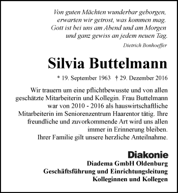 Traueranzeige von Silvia Buttelmann von Nordwest-Zeitung
