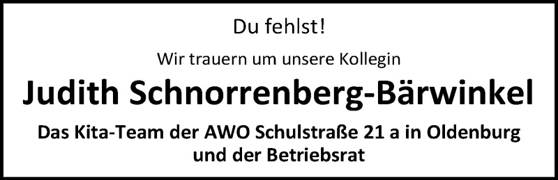  Traueranzeige für Judith Schnorrenberg-Bärwinkel vom 10.01.2017 aus Nordwest-Zeitung