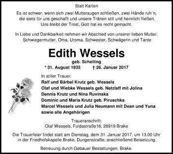 Traueranzeige von Edith Wessels von Nordwest-Zeitung