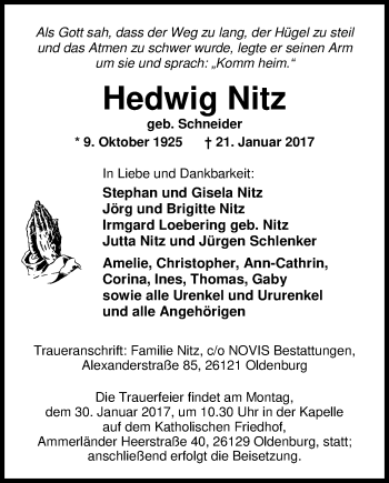 Traueranzeige von Hedwig Nitz von Nordwest-Zeitung