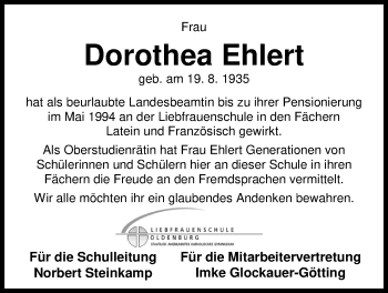 Traueranzeige von Dorothea Ehlert von Nordwest-Zeitung