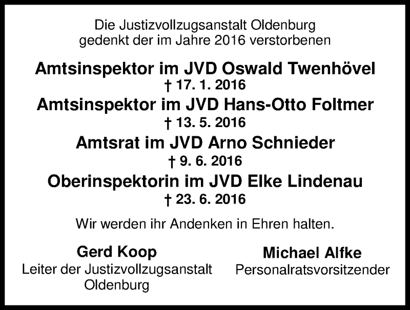  Traueranzeige für Oswald Twenhövel vom 07.01.2017 aus Nordwest-Zeitung