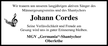 Traueranzeige von Johann Cordes von Nordwest-Zeitung