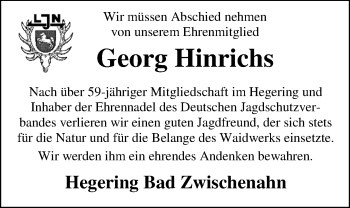 Traueranzeige von Georg Friedrich Hinrichs von Nordwest-Zeitung