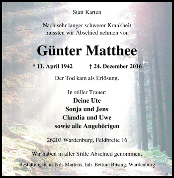 Traueranzeige von Günter Matthee von Nordwest-Zeitung