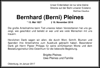 Traueranzeige von Bernhard Pleines von Nordwest-Zeitung