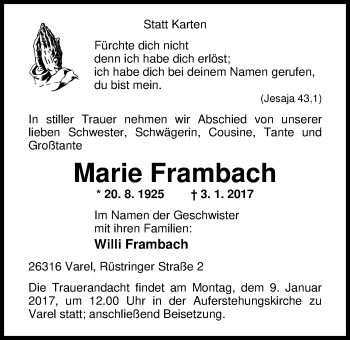 Traueranzeige von Marie Frambach von Nordwest-Zeitung