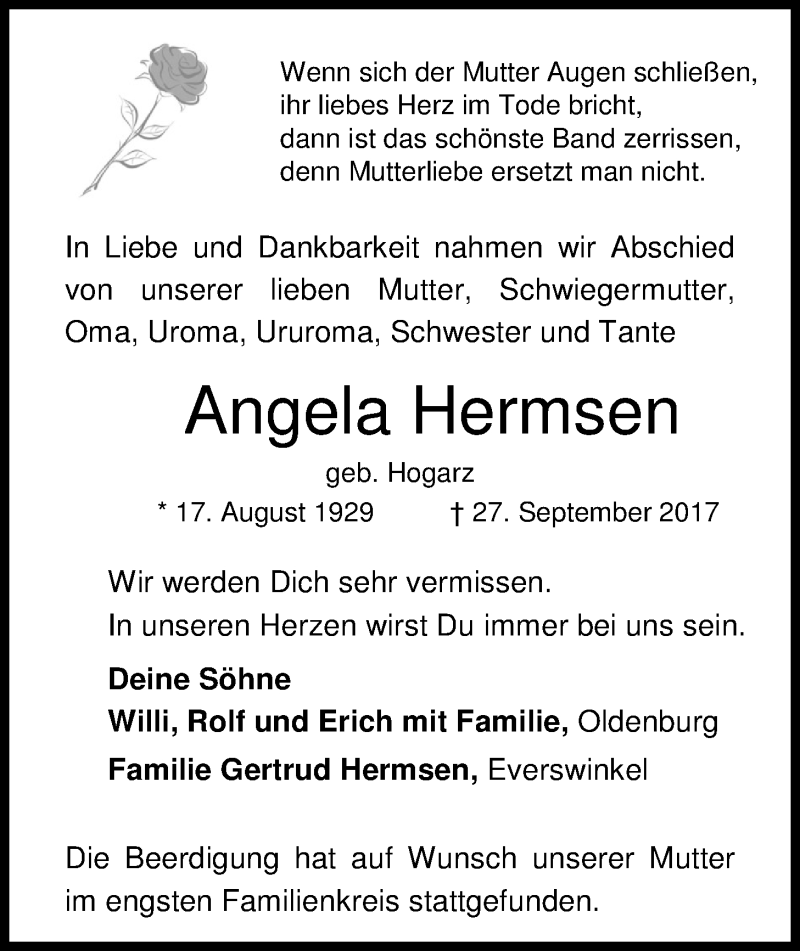  Traueranzeige für Angela Hermsen vom 07.10.2017 aus Nordwest-Zeitung
