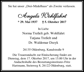 Traueranzeige von Angela Wohlfahrt von Nordwest-Zeitung