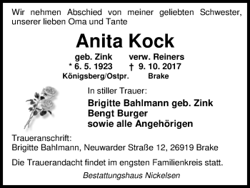 Traueranzeige von Anita Kock von Nordwest-Zeitung