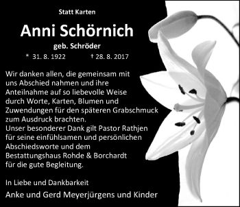 Traueranzeige von Anni Schörnich von Nordwest-Zeitung