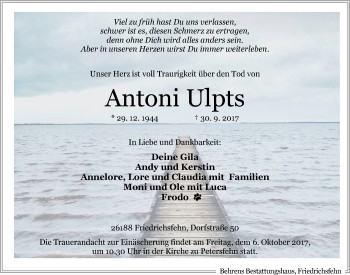 Traueranzeige von Antoni Ulpts von Nordwest-Zeitung