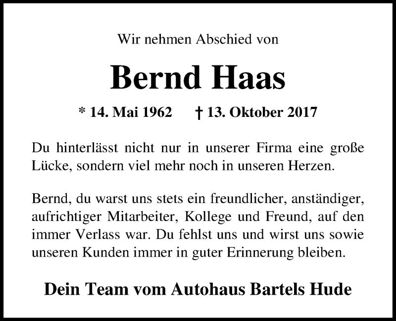  Traueranzeige für Bernd Haas vom 21.10.2017 aus Nordwest-Zeitung