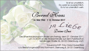 Traueranzeige von Bernd Haas von Nordwest-Zeitung