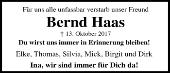 Traueranzeige von Bernd Haas von Nordwest-Zeitung