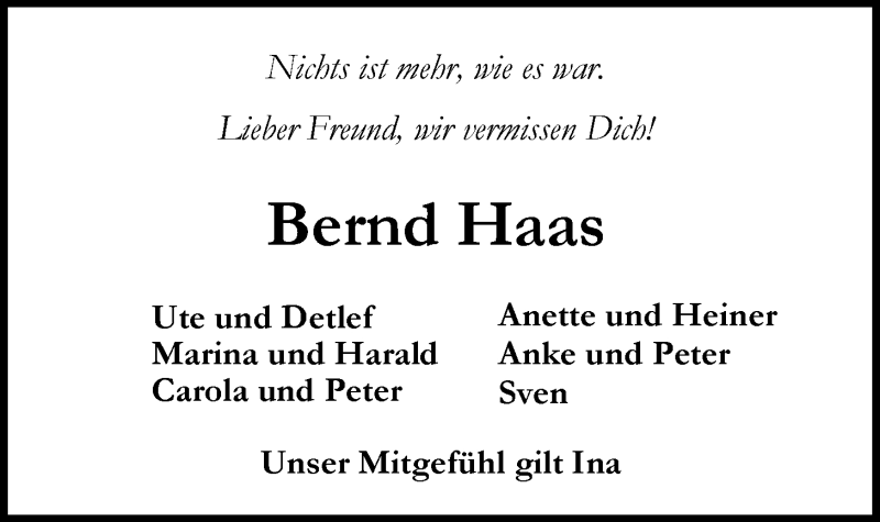  Traueranzeige für Bernd Haas vom 21.10.2017 aus Nordwest-Zeitung