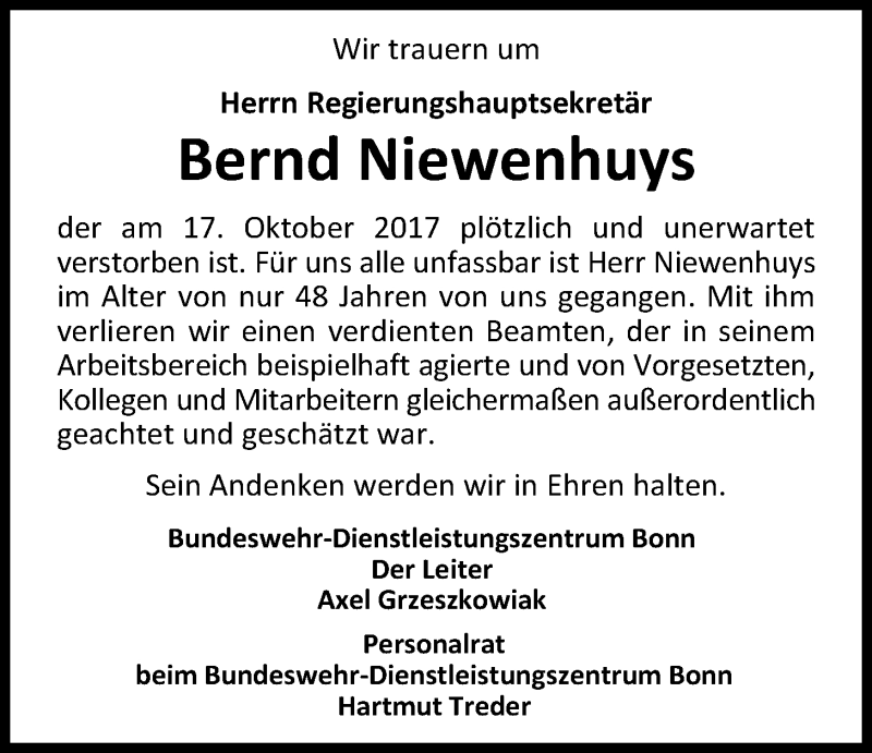  Traueranzeige für Bernd Niewenhuys vom 28.10.2017 aus Nordwest-Zeitung