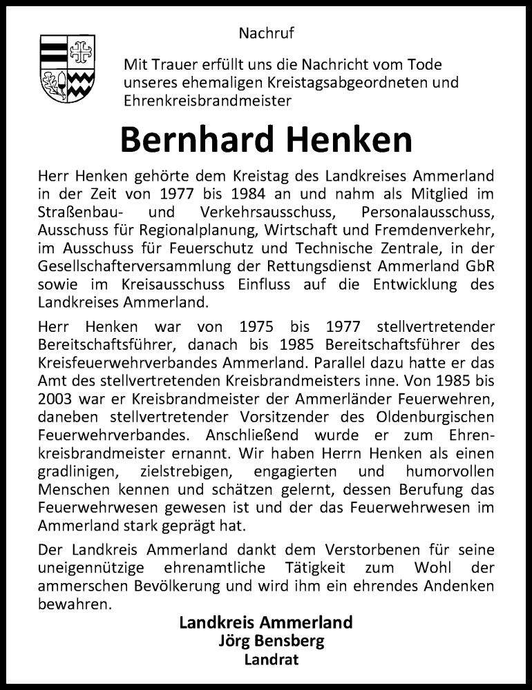  Traueranzeige für Bernhard Henken vom 11.10.2017 aus Nordwest-Zeitung