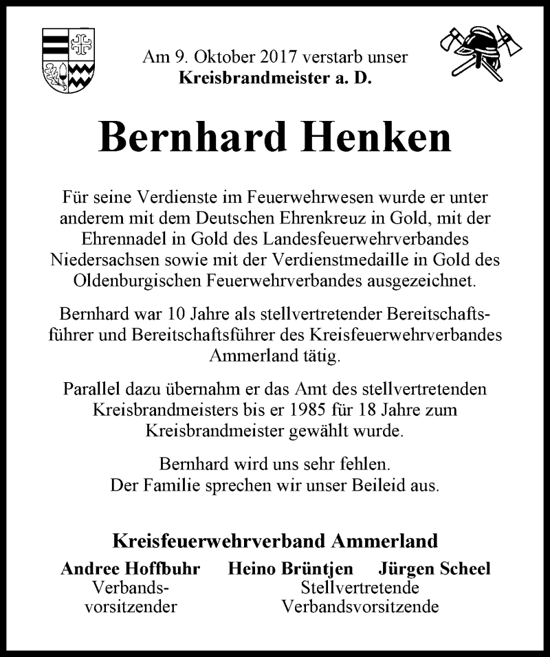  Traueranzeige für Bernhard Henken vom 11.10.2017 aus Nordwest-Zeitung