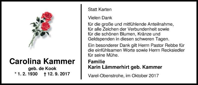  Traueranzeige für Carolina Kammer vom 07.10.2017 aus Nordwest-Zeitung