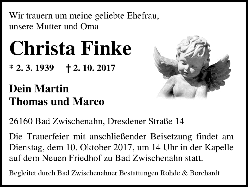  Traueranzeige für Christa Finke vom 05.10.2017 aus Nordwest-Zeitung