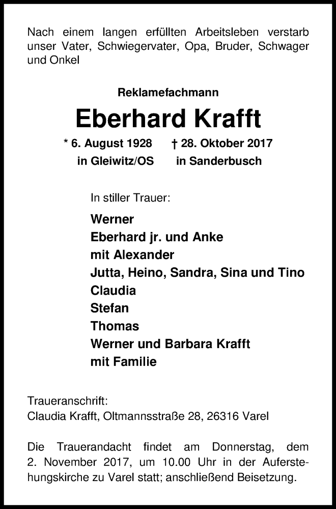  Traueranzeige für Eberhard Krafft vom 30.10.2017 aus Nordwest-Zeitung