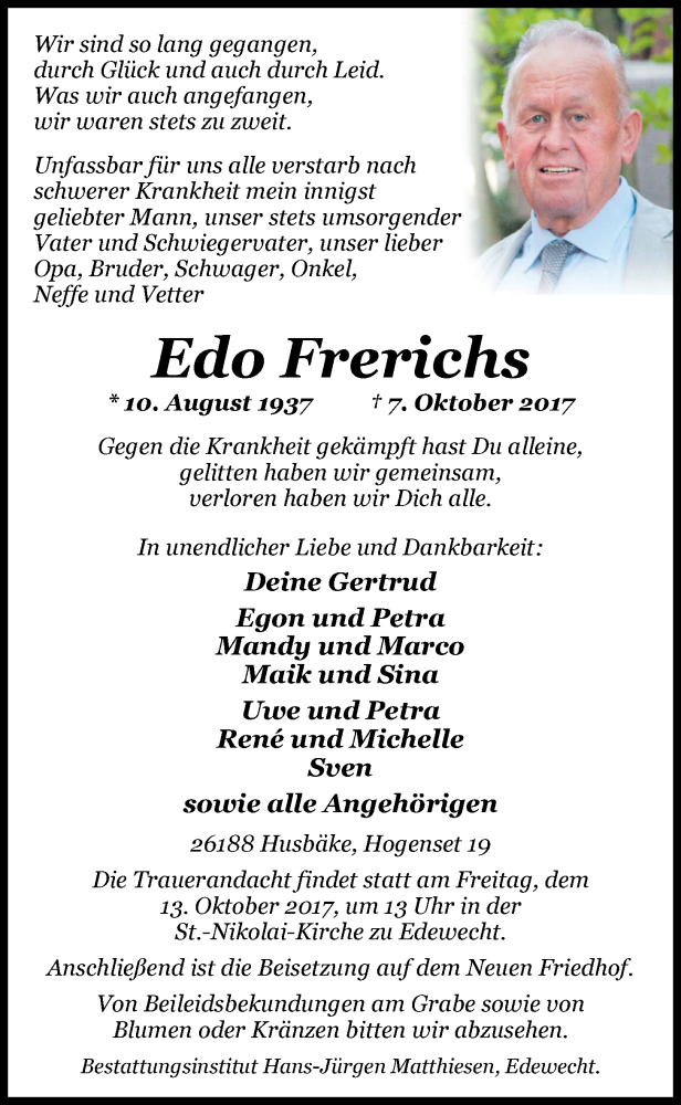  Traueranzeige für Edo Frerichs vom 10.10.2017 aus Nordwest-Zeitung