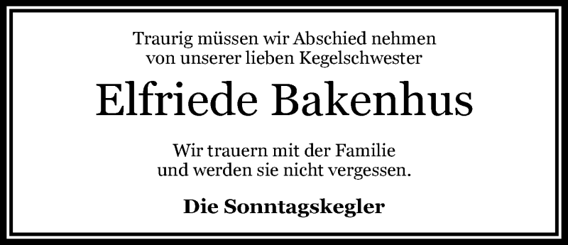 Traueranzeige für Elfriede Bakenhus vom 19.10.2017 aus Nordwest-Zeitung