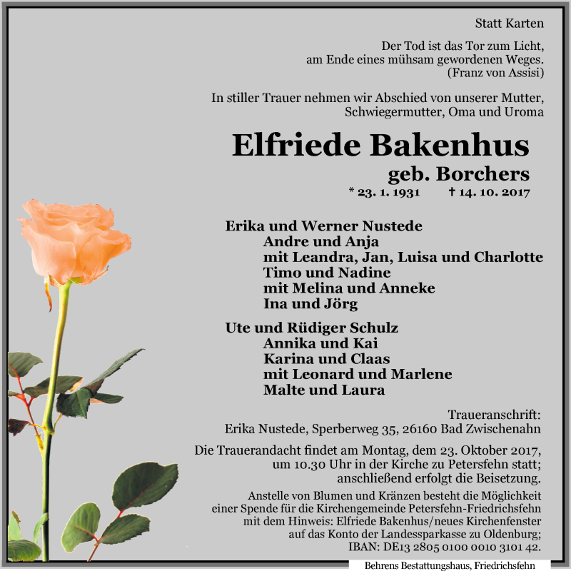  Traueranzeige für Elfriede Bakenhus vom 17.10.2017 aus Nordwest-Zeitung