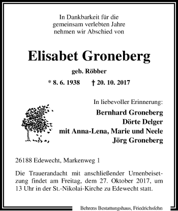 Traueranzeige von Elisabet Groneberg von Nordwest-Zeitung