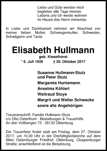 Traueranzeige von Elisabeth Hullmann von Nordwest-Zeitung