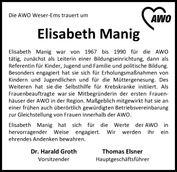 Traueranzeige von Elisabeth Manig von Nordwest-Zeitung