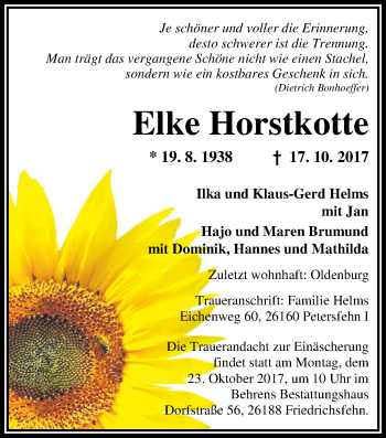 Traueranzeige von Elke Horstkotte von Nordwest-Zeitung