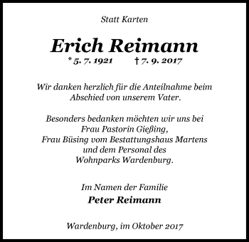 Traueranzeige von Erich Reimann von Nordwest-Zeitung