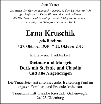 Traueranzeige von Erna Kruschik von Nordwest-Zeitung