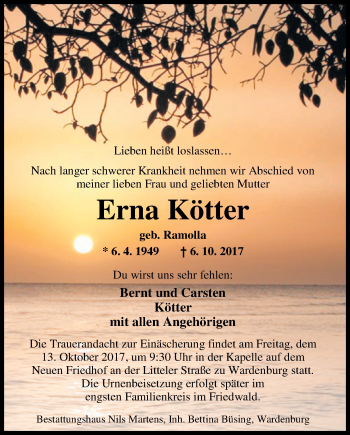 Traueranzeige von Erna Kötter von Nordwest-Zeitung