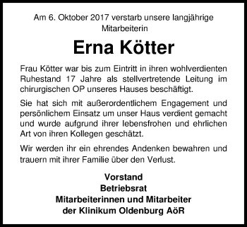 Traueranzeige von Erna Kötter von Nordwest-Zeitung