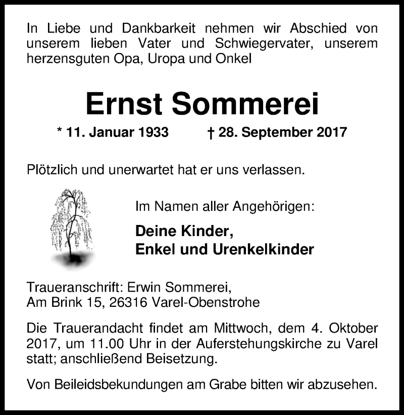  Traueranzeige für Ernst Sommerei vom 02.10.2017 aus Nordwest-Zeitung