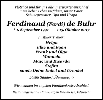 Traueranzeige von Ferdinand de Buhr von Nordwest-Zeitung