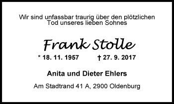 Traueranzeige von Frank Stolle von Nordwest-Zeitung