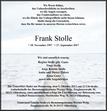 Traueranzeige von Frank Stolle von Nordwest-Zeitung