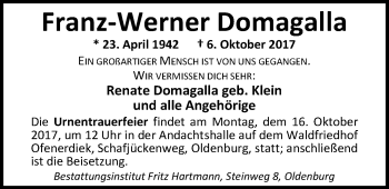Traueranzeige von Franz-Werner Domagalla von Nordwest-Zeitung