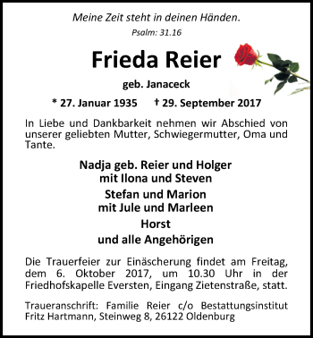 Traueranzeige von Frieda Reier von Nordwest-Zeitung