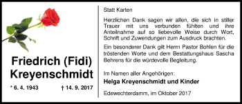 Traueranzeige von Friedrich (Fidi) Kreyenschmidt von Nordwest-Zeitung