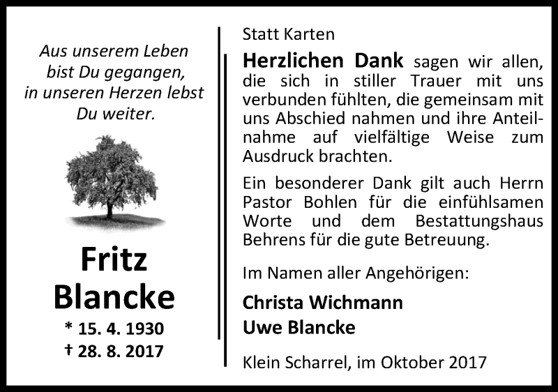  Traueranzeige für Fritz Blancke vom 14.10.2017 aus Nordwest-Zeitung