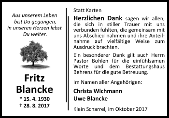 Traueranzeige von Fritz Blancke von Nordwest-Zeitung
