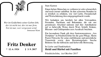 Traueranzeige von Fritz Denker von Nordwest-Zeitung