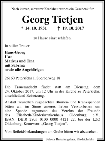 Traueranzeige von Georg Tietjen von Nordwest-Zeitung